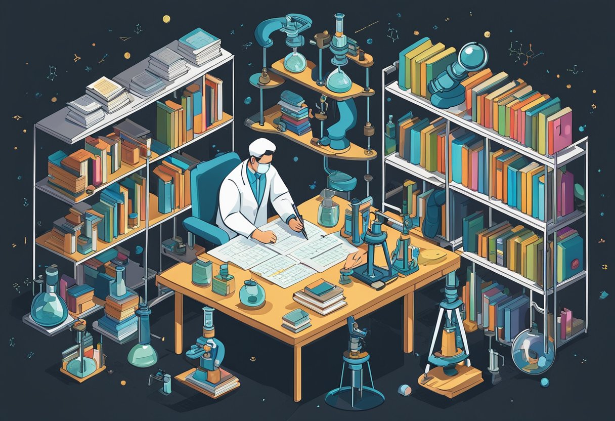 A scientist surrounded by books and test tubes, writing down equations on a chalkboard while a microscope sits on the table
