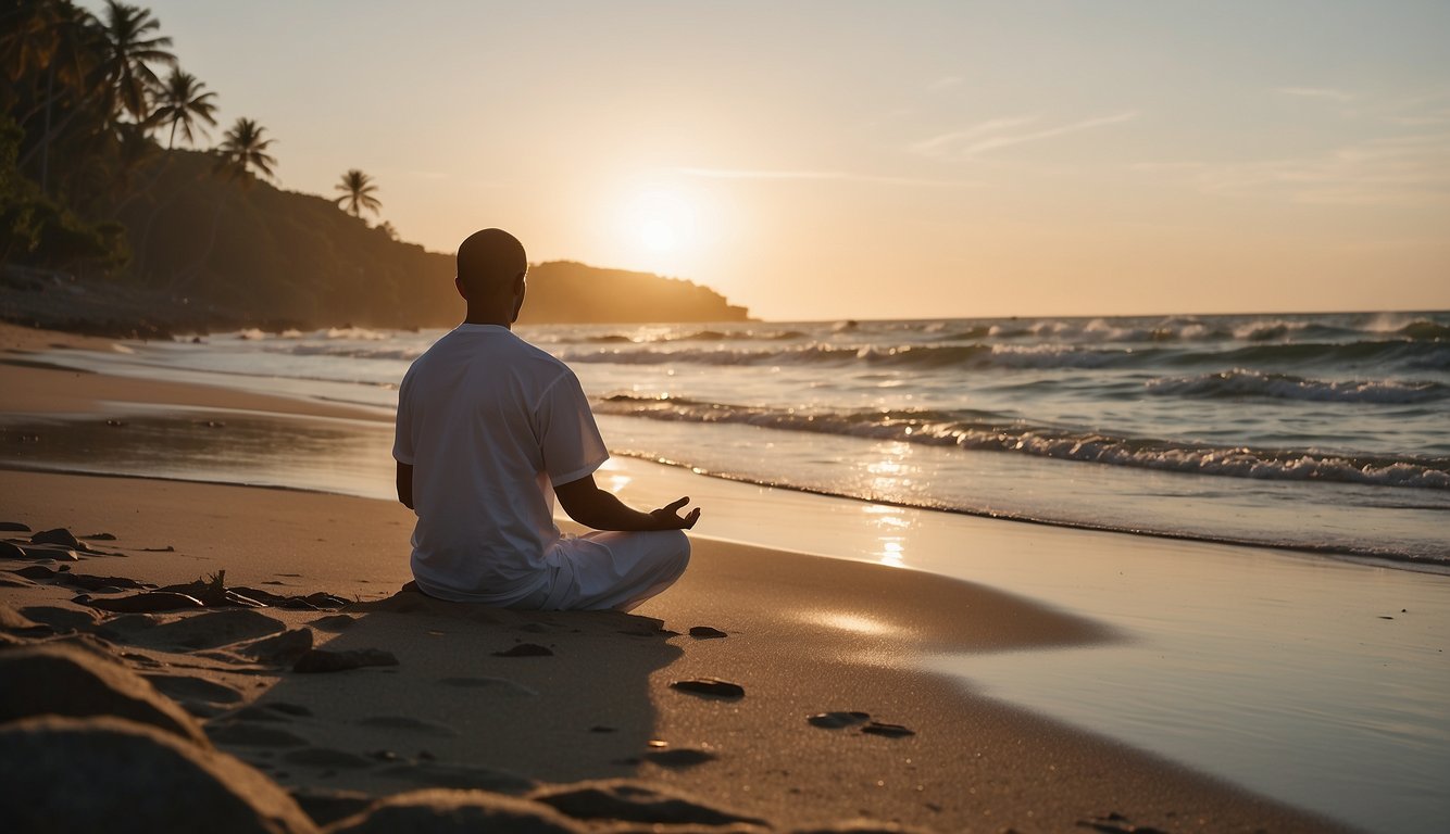 A serene figure meditates on a tranquil beach at sunset, surrounded by lush greenery and the sound of crashing waves