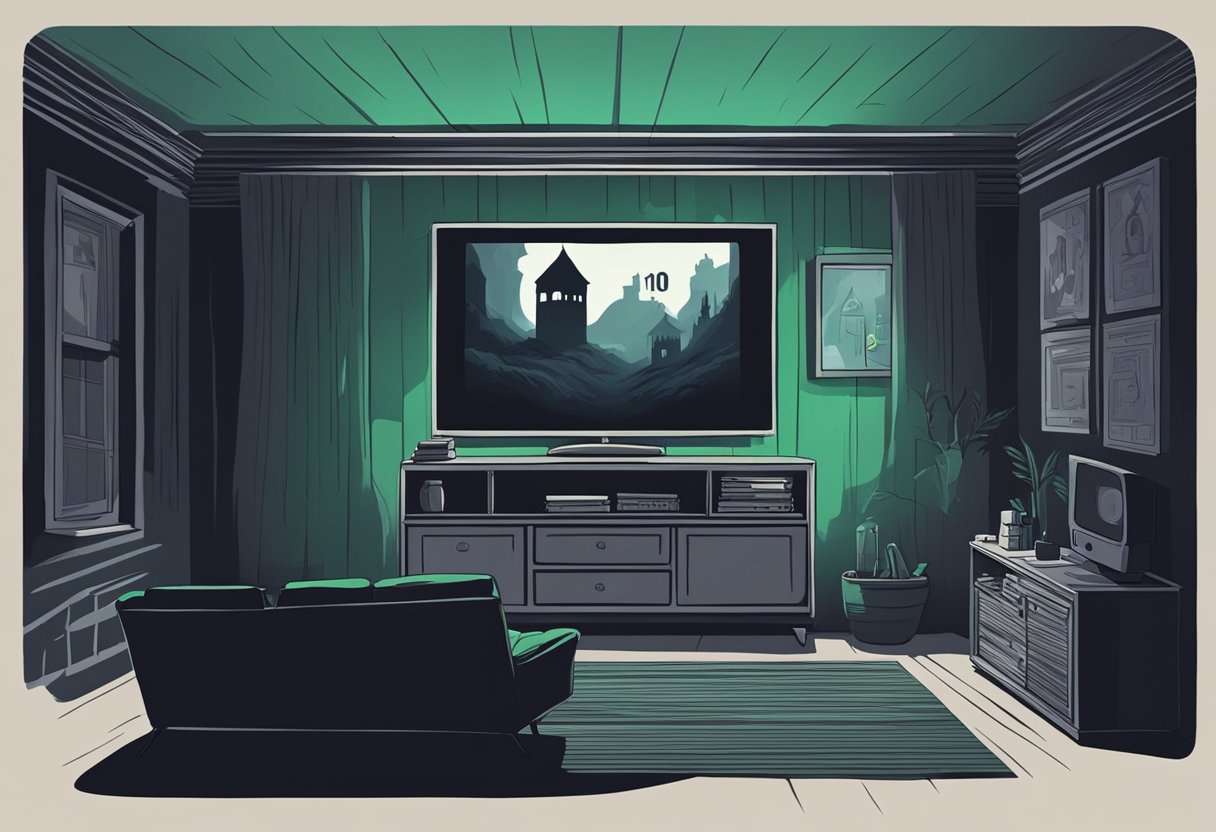 A dark and eerie room with a flickering TV screen showing the top 10 horror movies on Hulu. Shadows cast ominous shapes on the walls, creating a sense of dread and anticipation