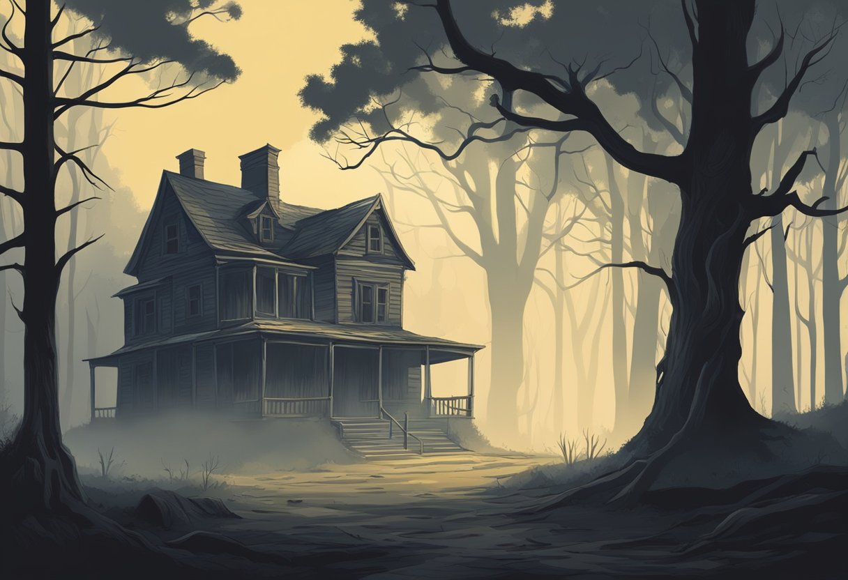 A dark, eerie forest with fog creeping through the trees. A dilapidated, abandoned house looms in the background, casting a haunting shadow