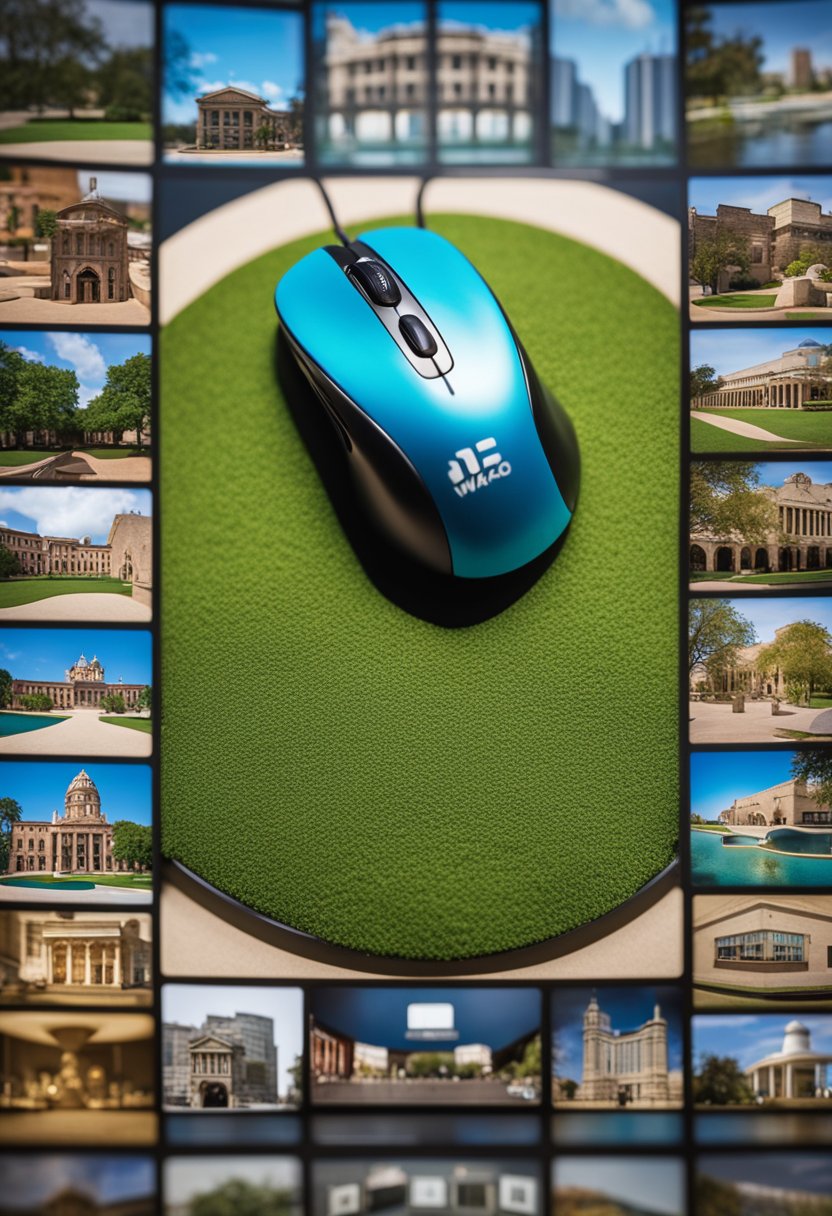 A computer mouse hovers over a virtual tour of Waco museums on a screen, with colorful images and interactive buttons