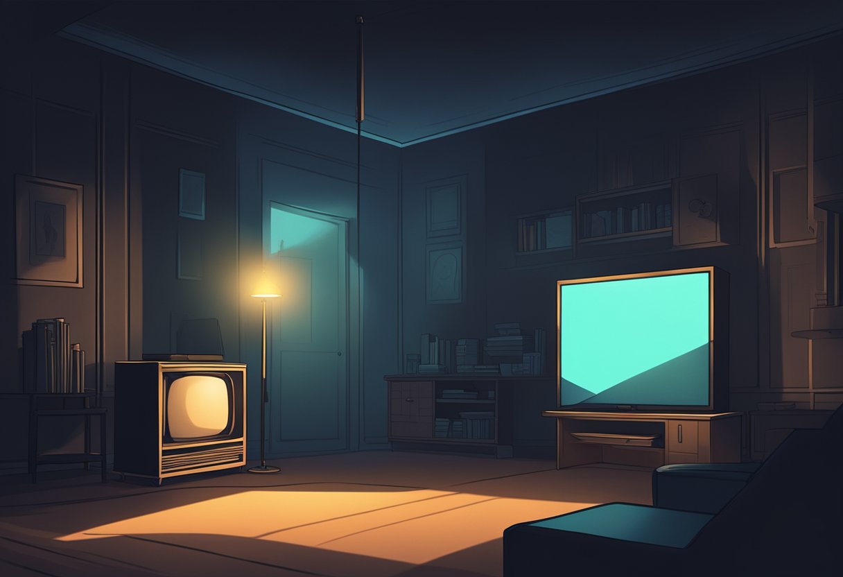 A dark room with a glowing TV screen, casting an eerie light. Shadows loom in the corners, creating a sense of foreboding
