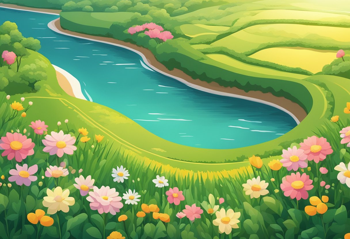A serene, open field with a gentle breeze, surrounded by lush greenery and blooming flowers. The sun shines softly, casting a warm, peaceful glow over the landscape