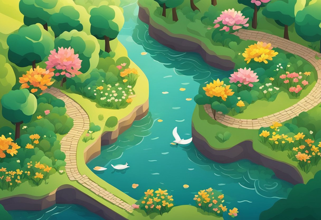 A serene landscape with a calm, flowing river surrounded by lush greenery and colorful flowers. The sun is setting, casting a warm, peaceful glow over the scene