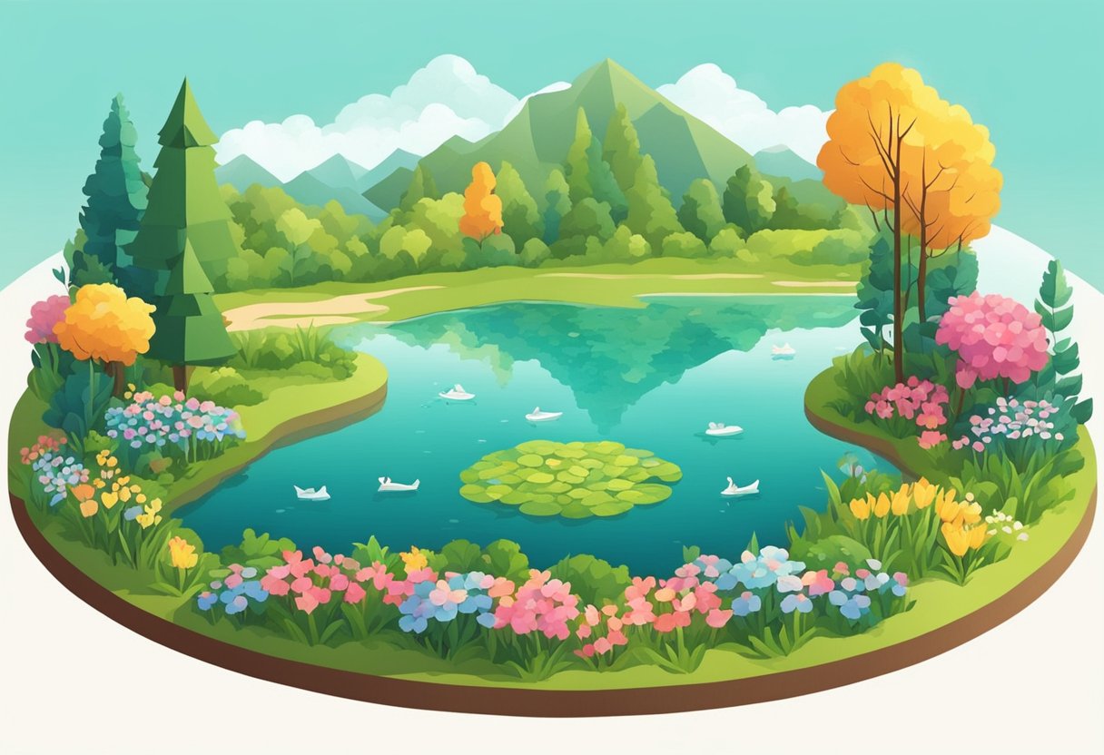 A serene landscape with a calm lake, surrounded by lush greenery and colorful flowers, with a gentle breeze rustling the leaves