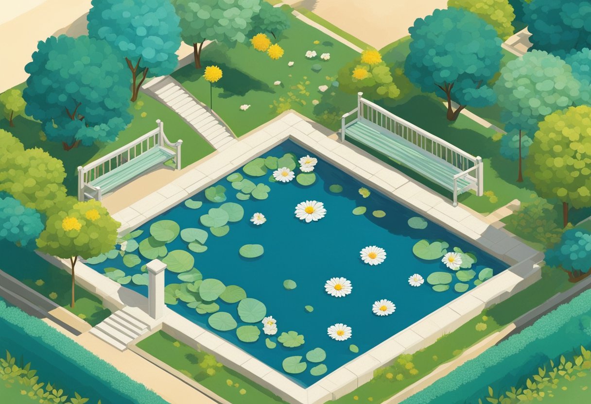 A tranquil garden with blooming flowers and a serene pond reflecting the clear blue sky. A gentle breeze rustles the leaves, creating a sense of calm and peace