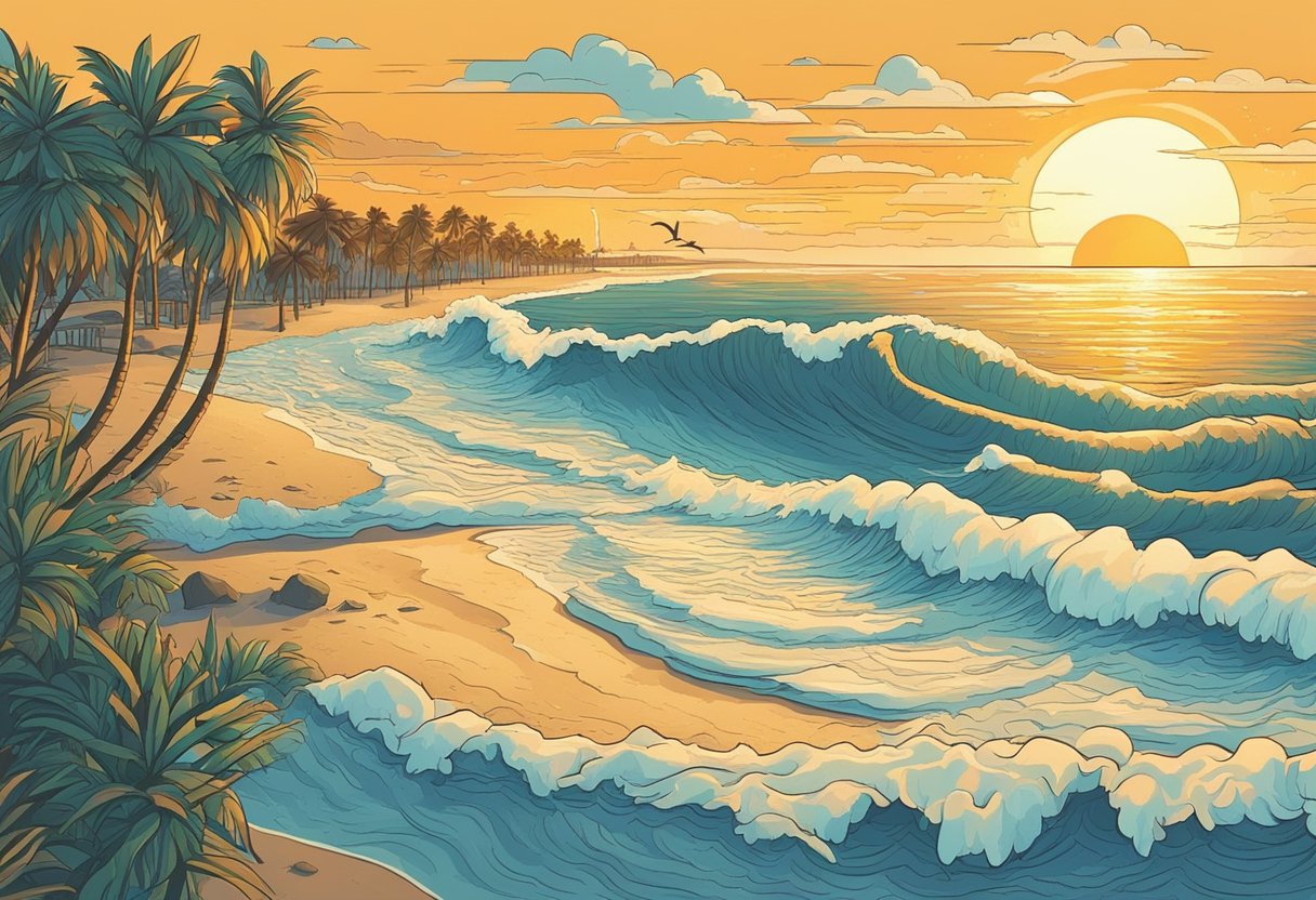 The waves crash against the shore as the sun sets, casting a warm glow over the sandy beach. The sound of seagulls fills the air, and the salty sea breeze rustles through the palm trees