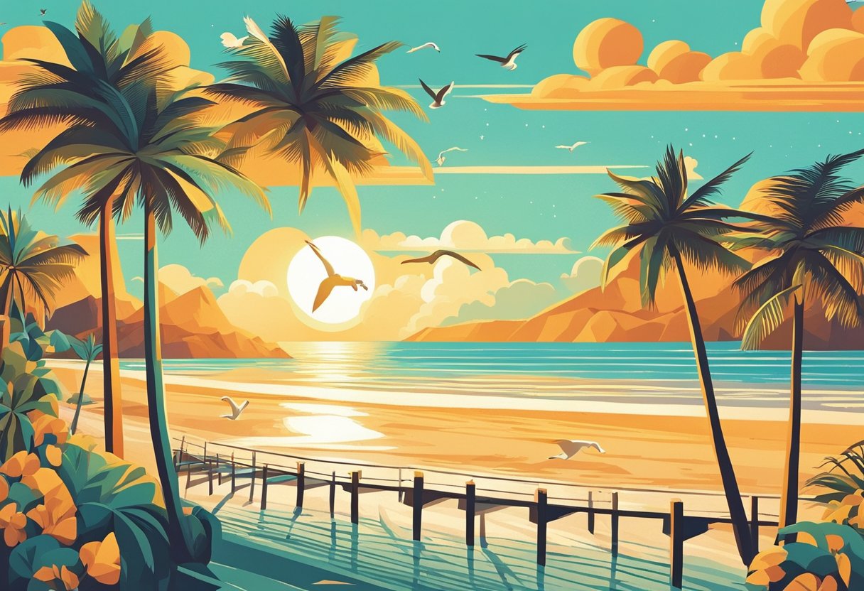 The sun sets over a serene beach, waves gently kissing the shore. Palm trees sway in the warm breeze, as seagulls glide through the sky. A sense of tranquility and beauty fills the air
