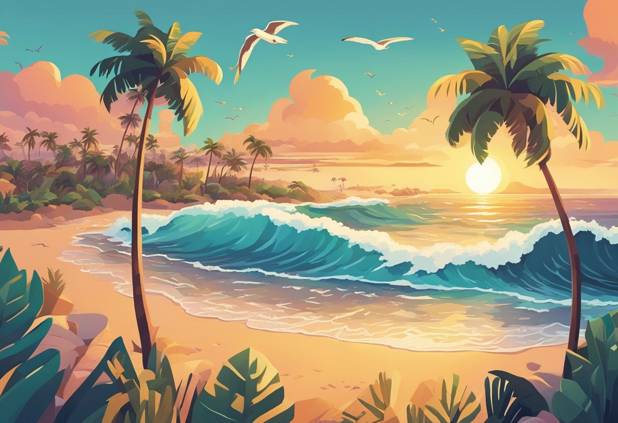 The beach at sunset, waves crashing against the shore, seagulls flying overhead, and palm trees swaying in the breeze