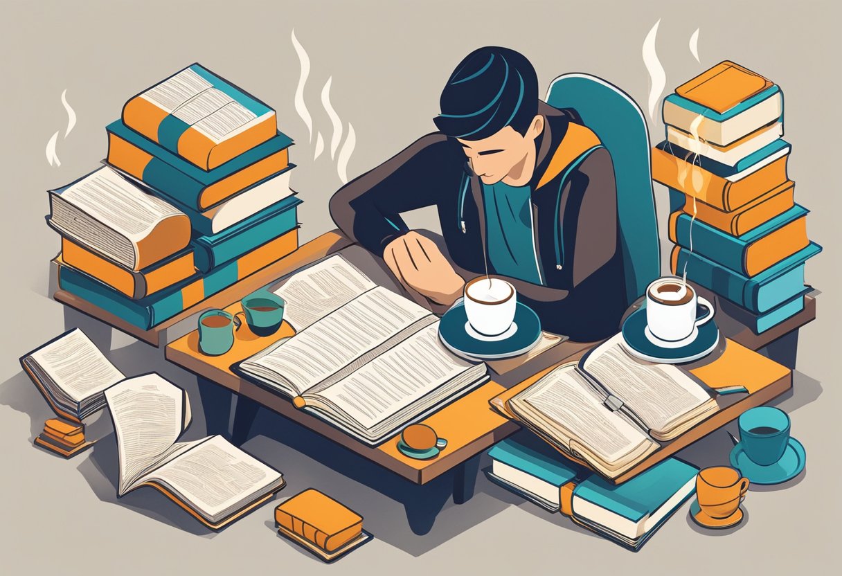 A person sitting at a table with a steaming cup of coffee, surrounded by open books and papers, deep in thought