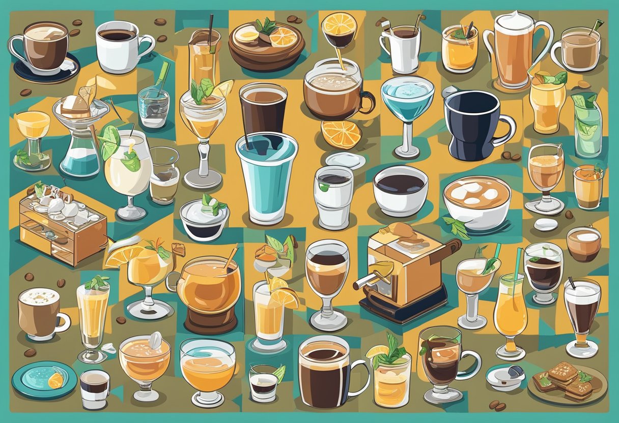 A table with various types of drinks, from coffee to cocktails, surrounded by quotes about drinking
