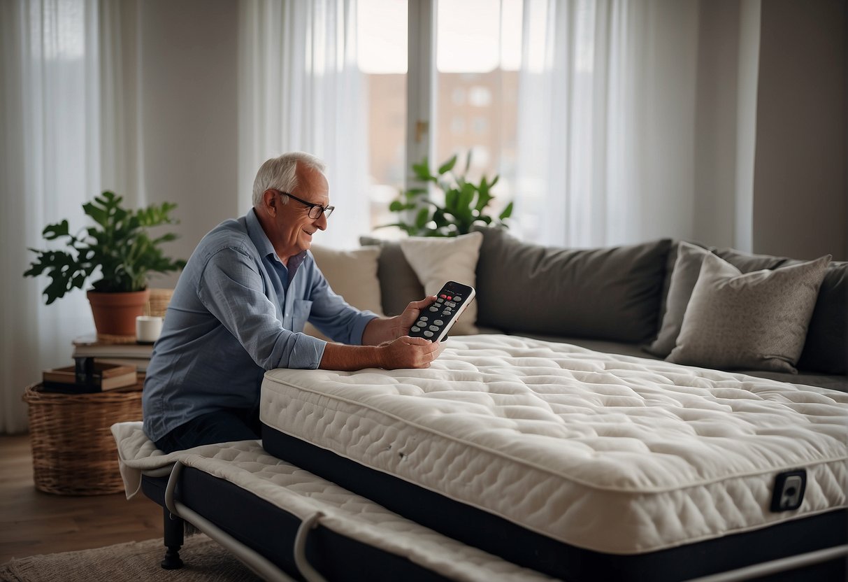 A senior adjusting an adjustable mattress with a remote control, surrounded by supportive pillows and a comfortable blanket