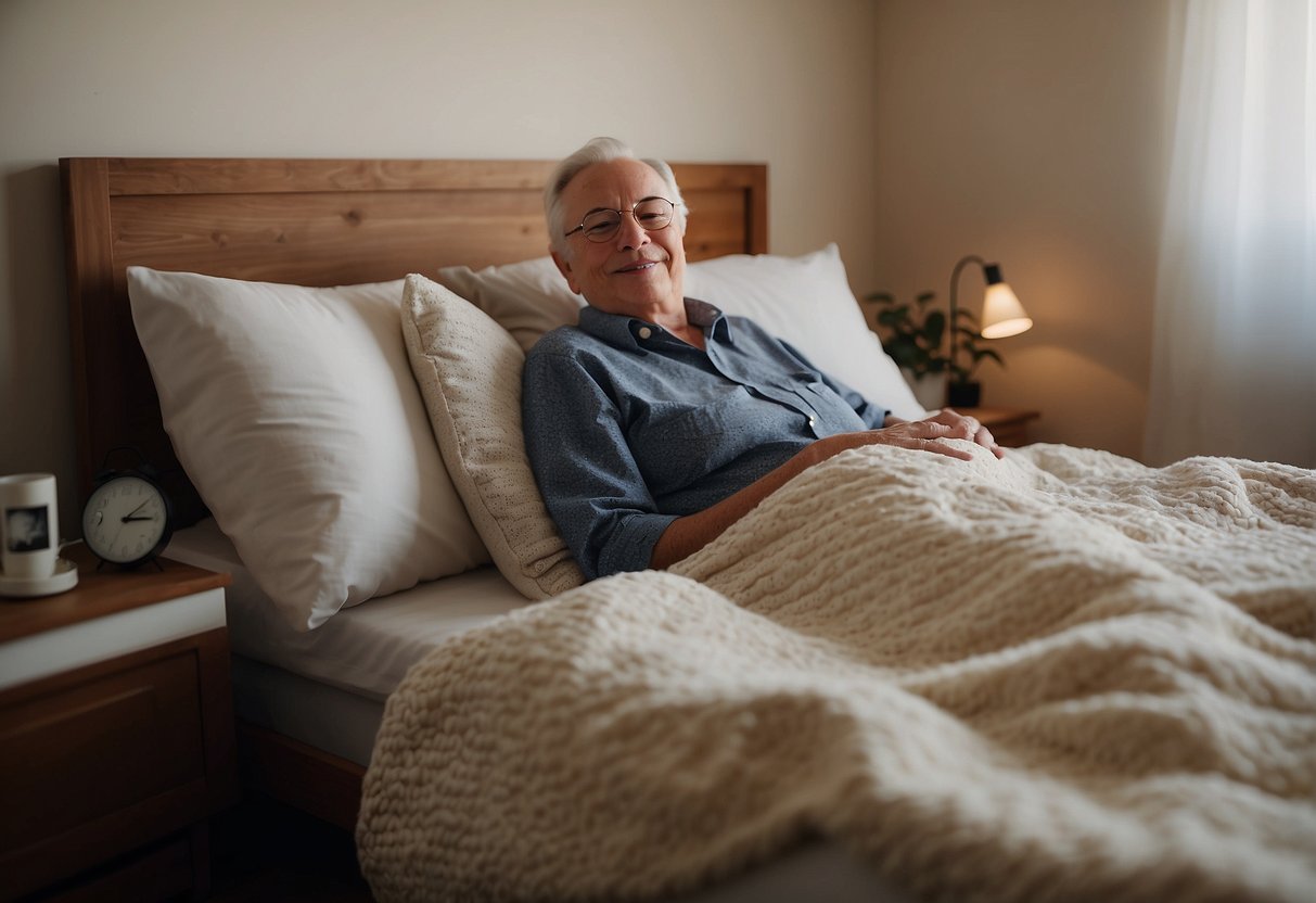 A cozy bedroom with an adjustable bed, supportive mattress, and elderly-friendly features. A senior peacefully rests, surrounded by comfort and ease