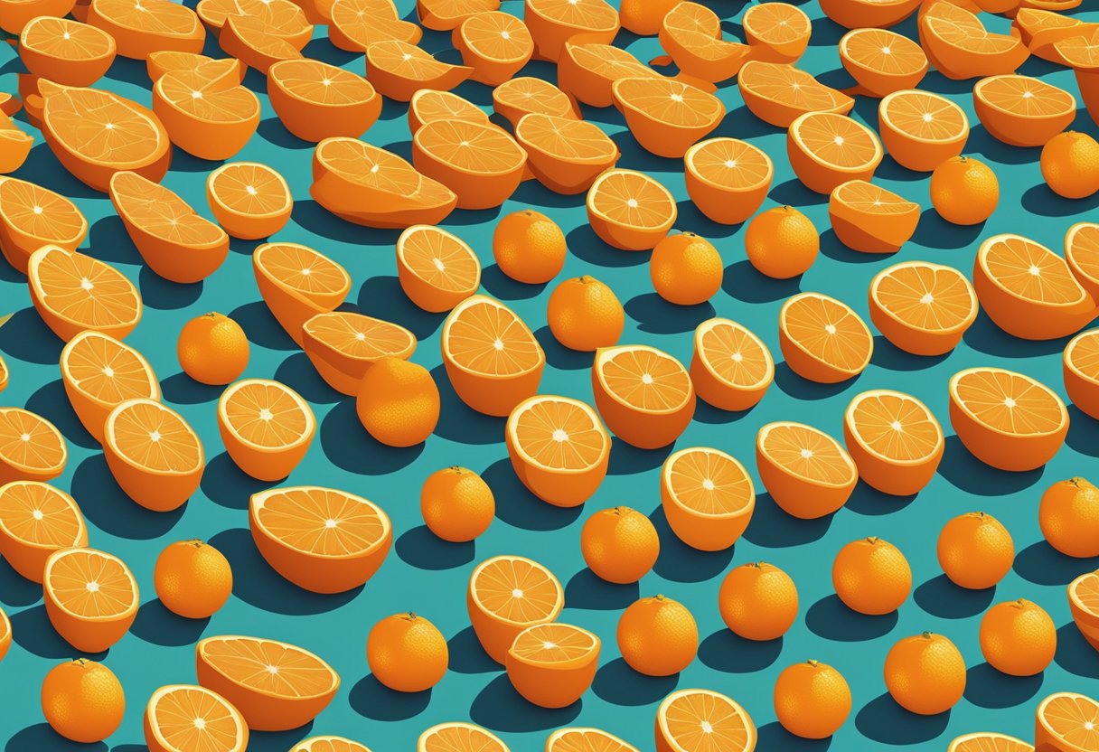 A pile of 50 vibrant oranges arranged in a neat row, with sunlight casting a warm glow on their smooth, round surfaces