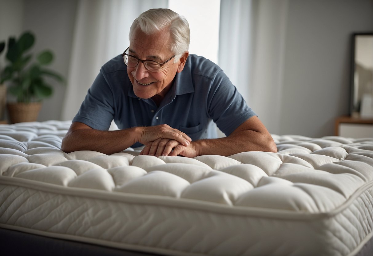 A senior peacefully adjusting their mattress with ease