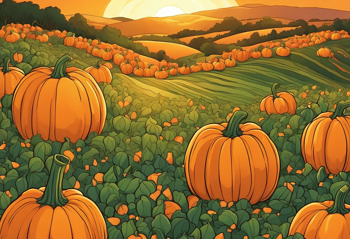 A vibrant orange sunset casts a warm glow over a field of ripe pumpkins, their round shapes dotting the landscape like scattered jewels. The sky is streaked with fiery hues, creating a breathtaking backdrop for the scene