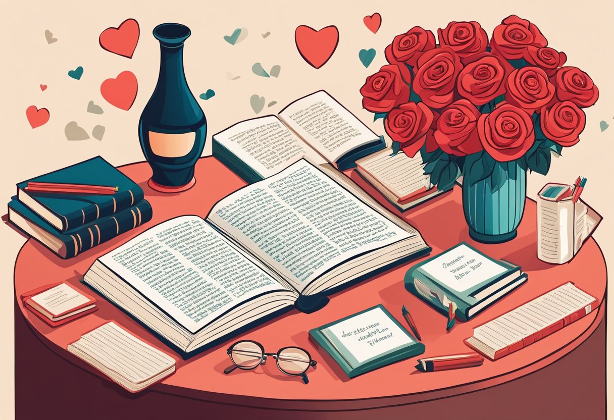 A table with a vase of red roses, surrounded by open books with quotes about love and happiness