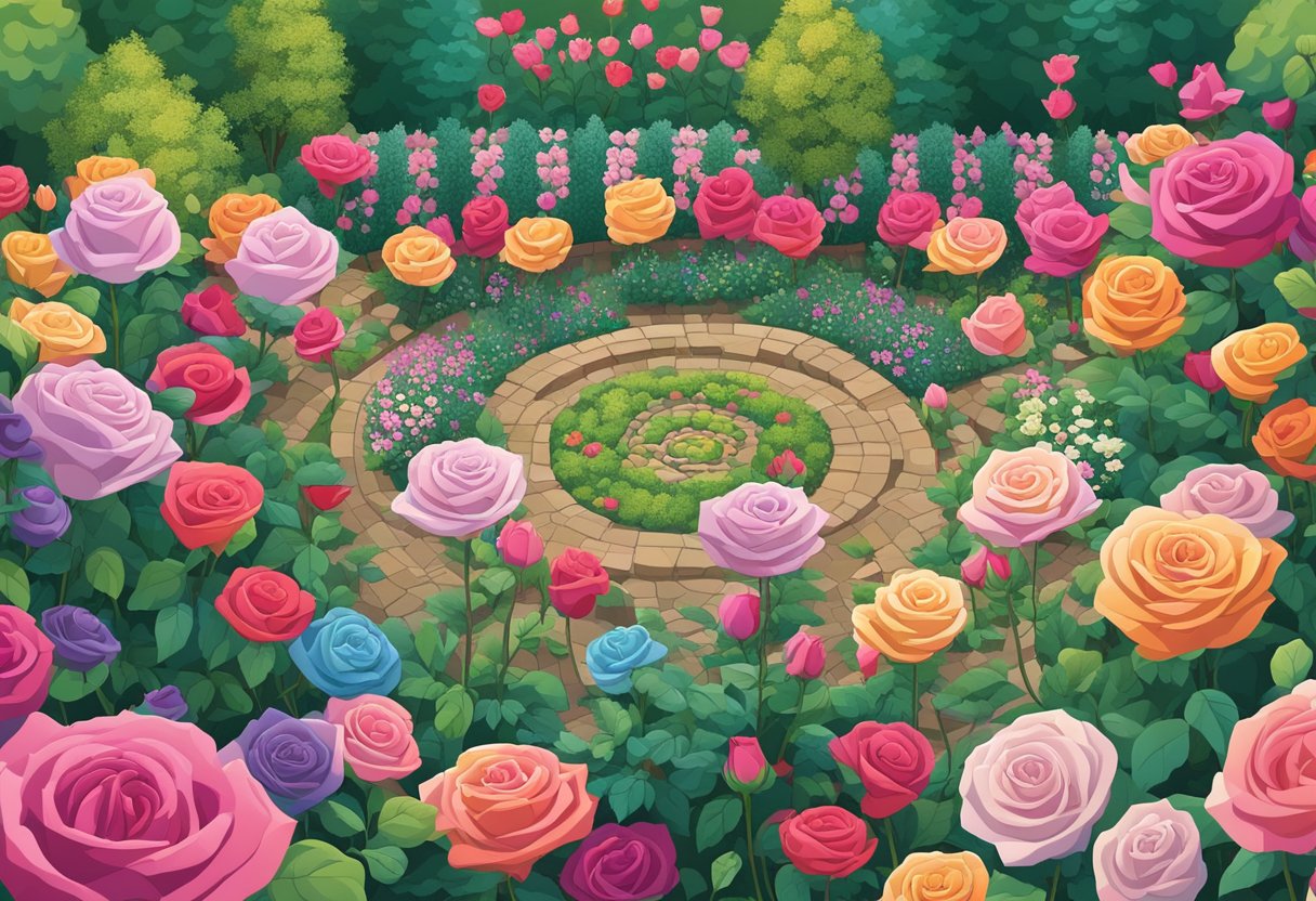 A lush garden filled with 100 vibrant roses in various shades, with quotes about love, beauty, and nature scattered among the flowers