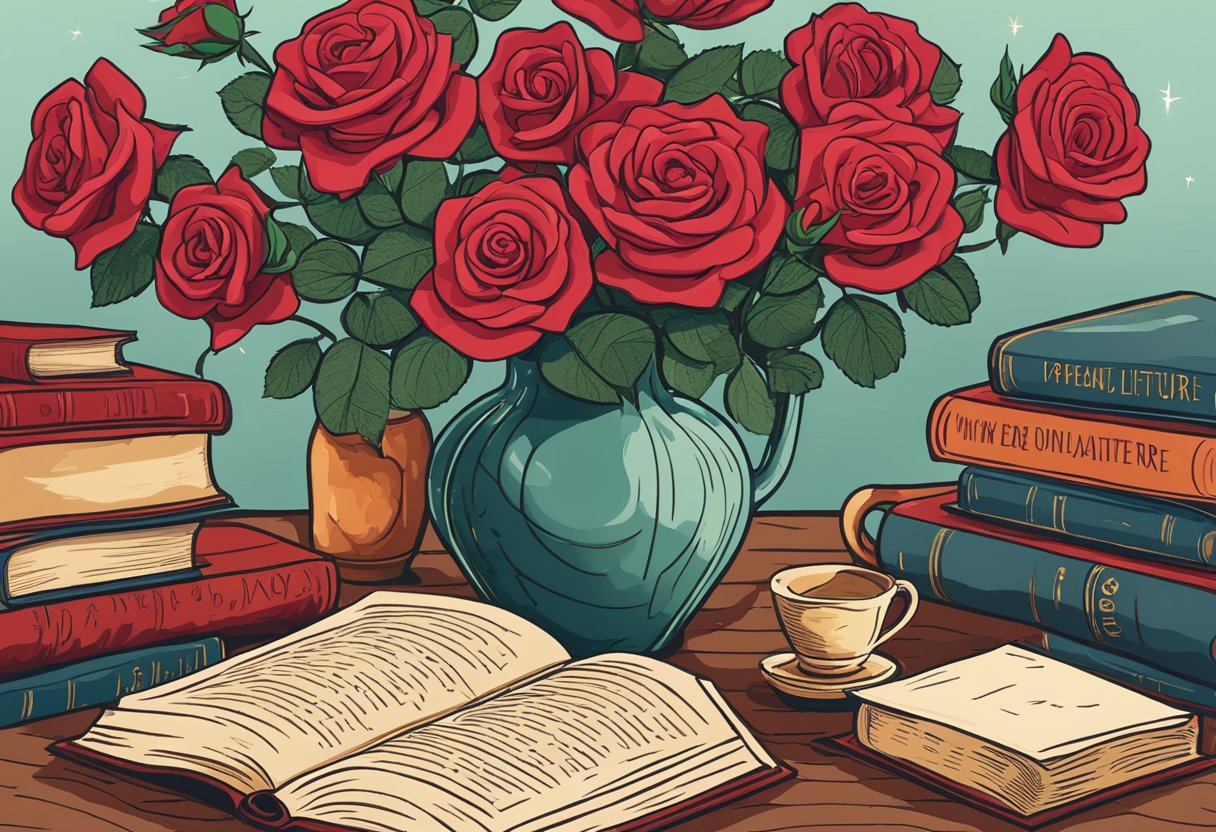 A vase of red roses sits on a wooden table, surrounded by open books filled with quotes about the beauty and symbolism of roses in literature and arts