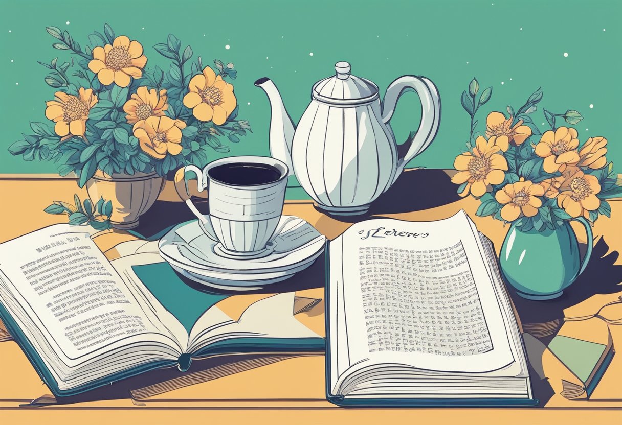 A table with a vase of fresh flowers, a cup of tea, and a book of poetry open to a page with a beautiful quote