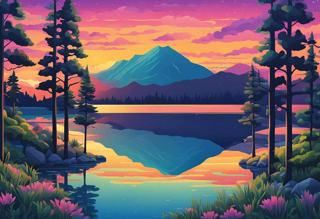 A serene lake reflects a vibrant sunset, with trees silhouetted against the colorful sky. The water is calm, mirroring the beauty above
