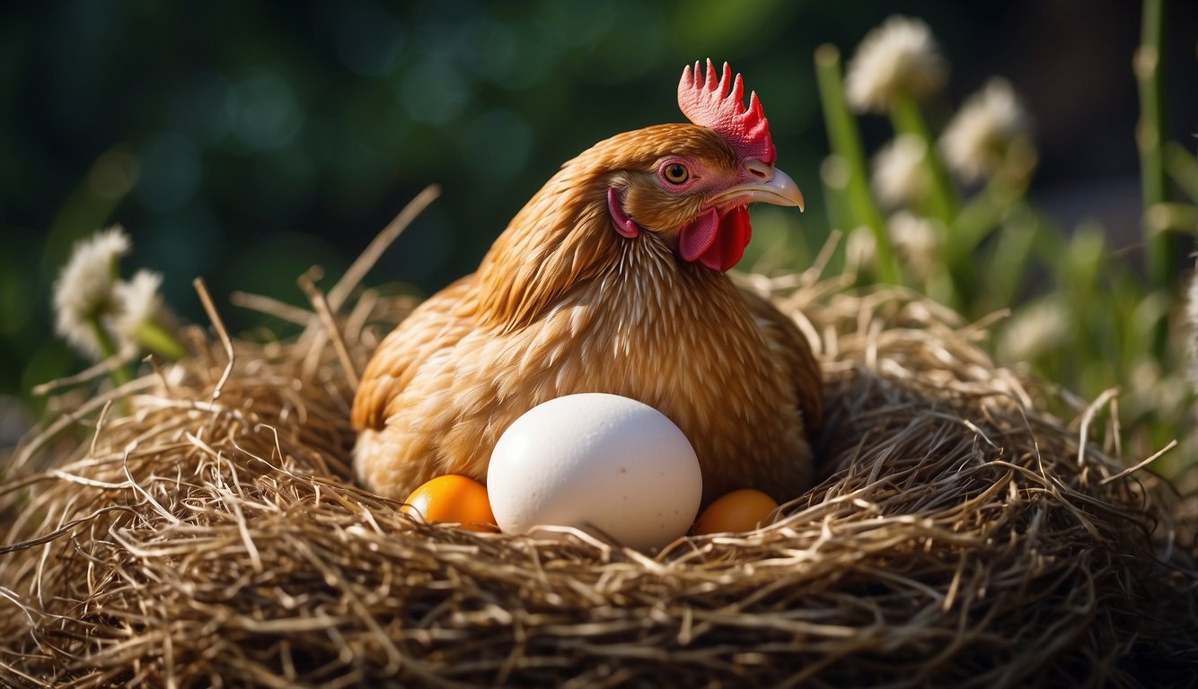 A hen lays a smooth, oval-shaped egg in a cozy nest. The egg is white or brown and varies in size. It is formed inside the hen's oviduct and laid through the cloaca