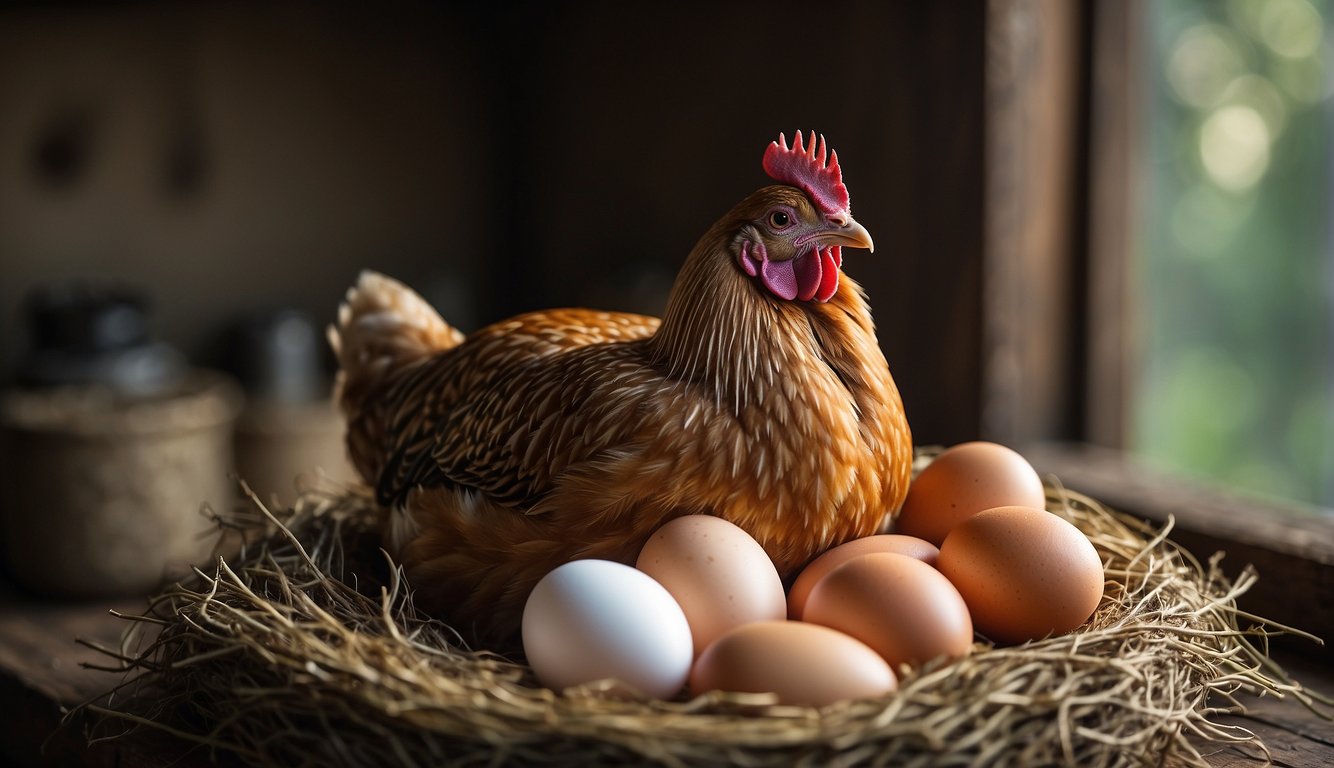 A hen perches in a cozy nest, diligently laying an egg. The process involves contracting her muscles to push the egg out, followed by a period of rest before starting the process again