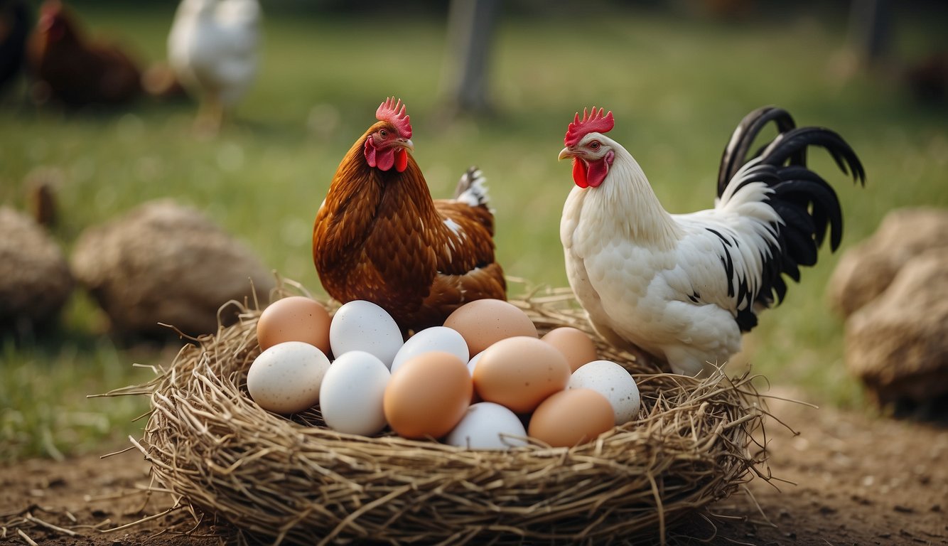 Chickens lay eggs through genetic breeding. A hen sits on a nest, laying eggs while a rooster watches nearby