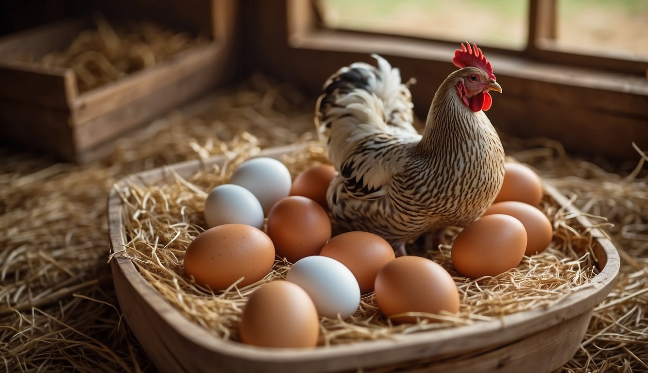 Chickens lay eggs in a cozy, straw-filled nesting box inside a clean and spacious coop. They are surrounded by fresh water and a variety of nutritious feed to support their egg-laying process