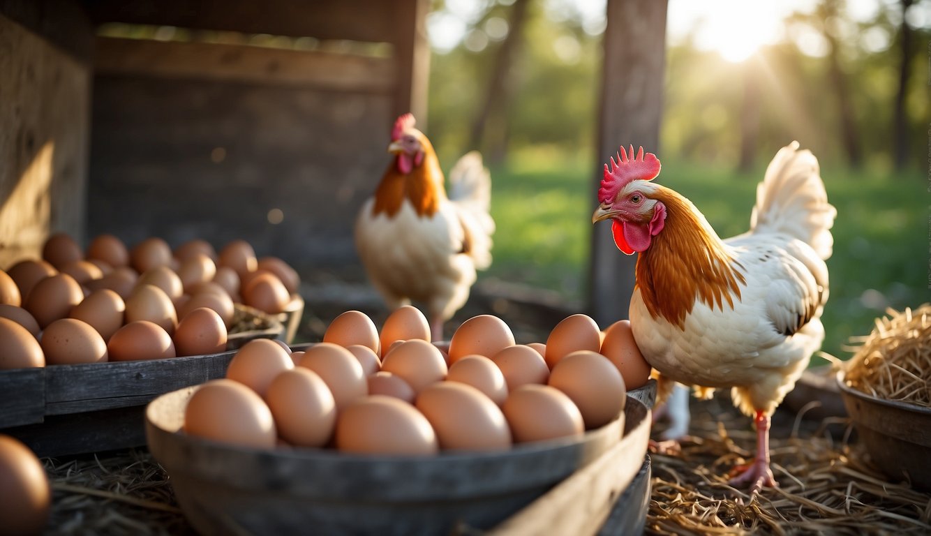 Chickens lay eggs in a cozy, well-ventilated coop with access to clean water and a balanced diet of grains and protein