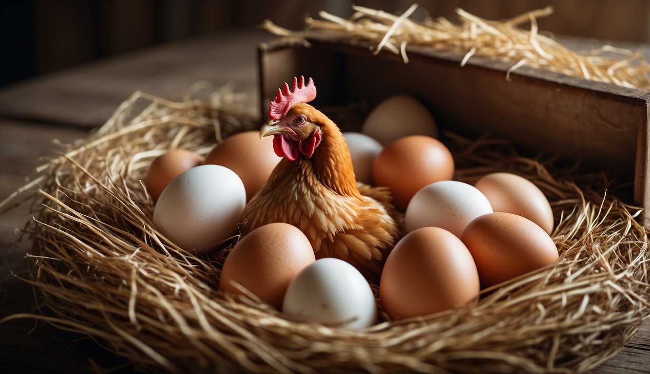Chickens lay eggs in a cozy nesting box, surrounded by straw and feathers. The hen carefully positions herself, then pushes out a smooth, oval-shaped egg