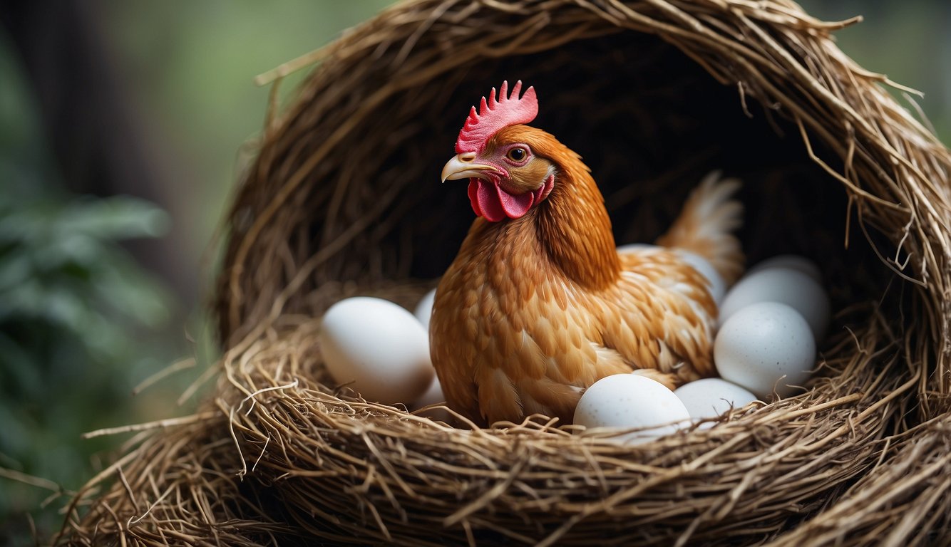 A chicken laying an egg in a cozy nest
