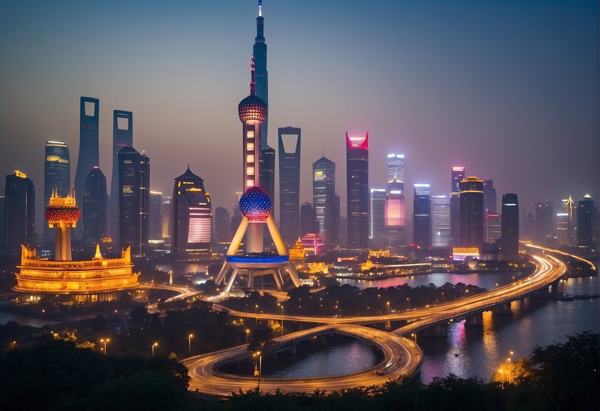 A bustling Shanghai skyline with Chinese flags and oil tankers, symbolizing the rise of the petro-yuan in the global market