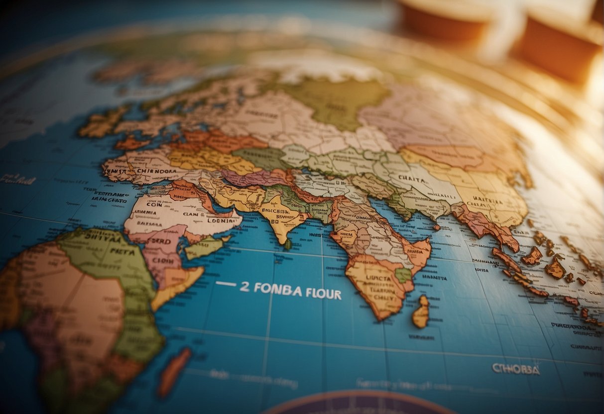 China's currency shift affects global trade. Show a world map with arrows pointing from China to various countries, representing economic impacts