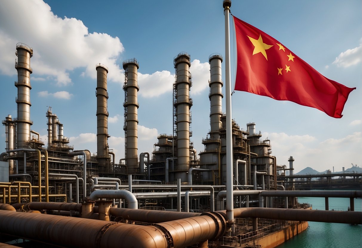 China's flag waving over an oil refinery, with yuan symbols and oil tankers in the background, symbolizing the shift in global economic power