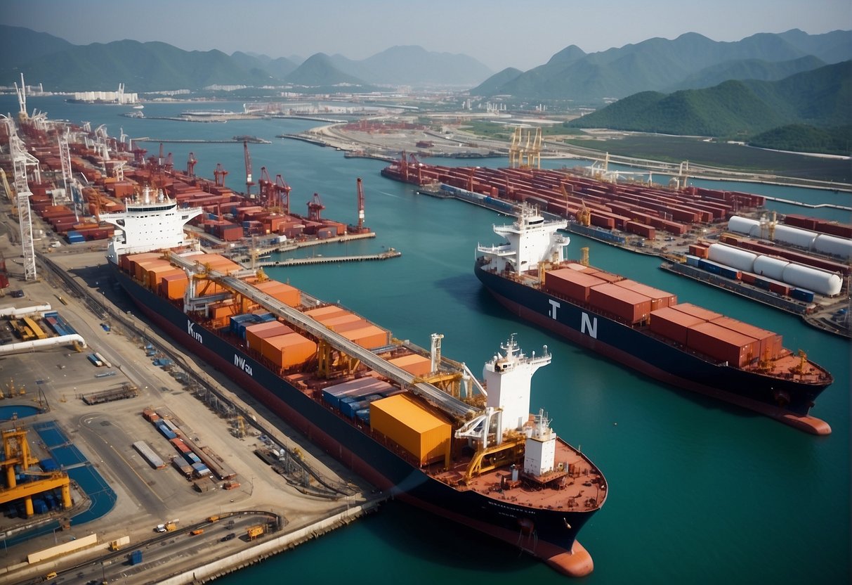 A bustling port with tankers unloading at a state-of-the-art oil terminal, while a network of pipelines and refineries supports the petro-yuan trade