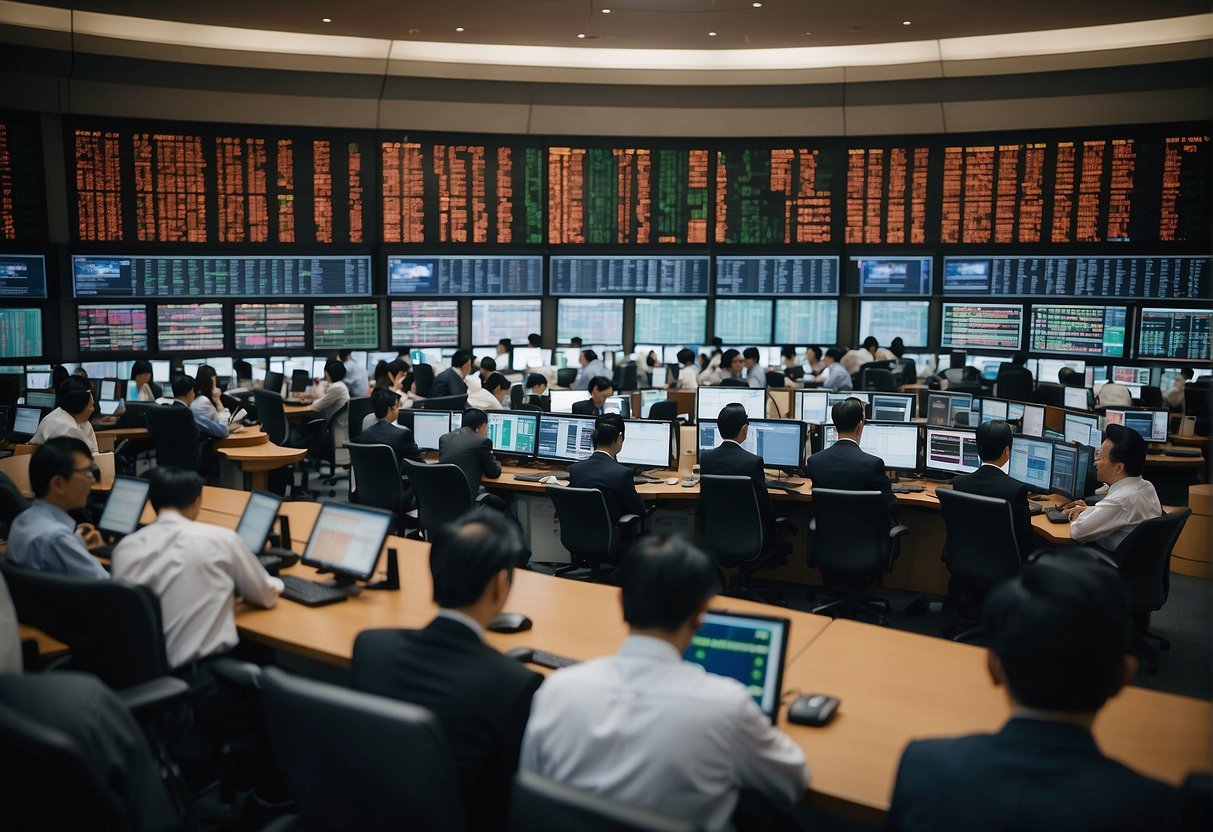 The bustling Shanghai Stock Exchange floor, with traders analyzing data and discussing China's shift to the petro-yuan, symbolizing market stability and investment opportunities