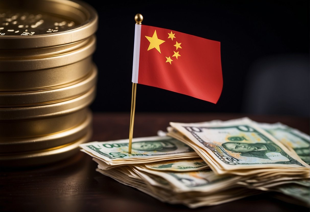 A Chinese flag waving in the background as a stack of yuan banknotes sits beside a barrel of crude oil, symbolizing China's shift towards the petro-yuan