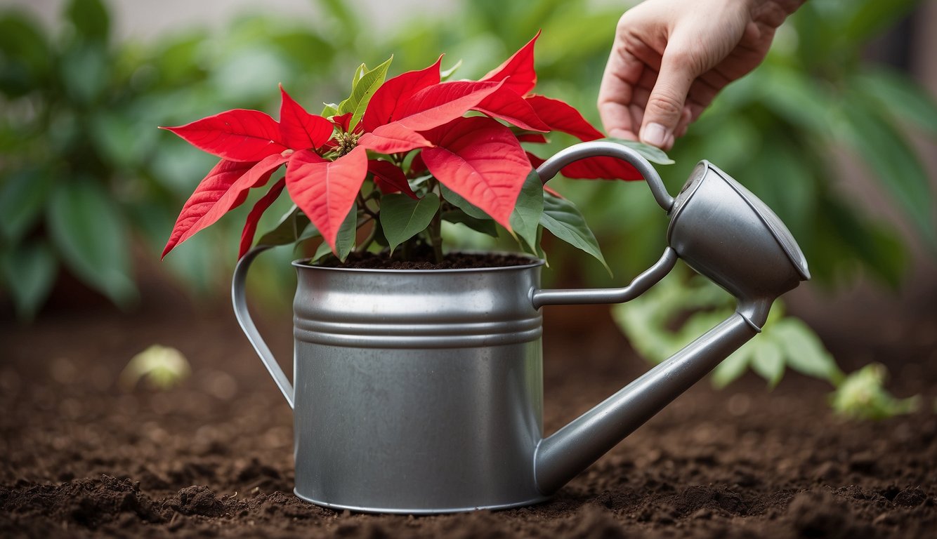 A hand holding a watering can pours water onto a wilting poinsettia plant in a pot, with drooping leaves and dry soil