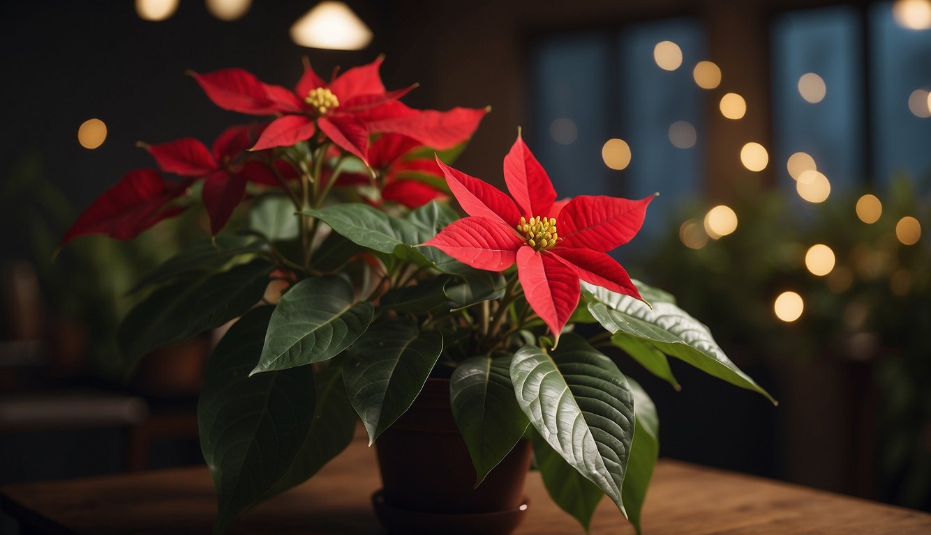A poinsettia wilts in dim, warm room. Illustrate wilted leaves and dry soil to depict care instructions for light and temperature requirements