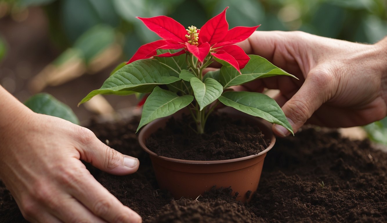 A gardener repots a wilting poinsettia into fresh soil, carefully tending to its roots and providing proper care