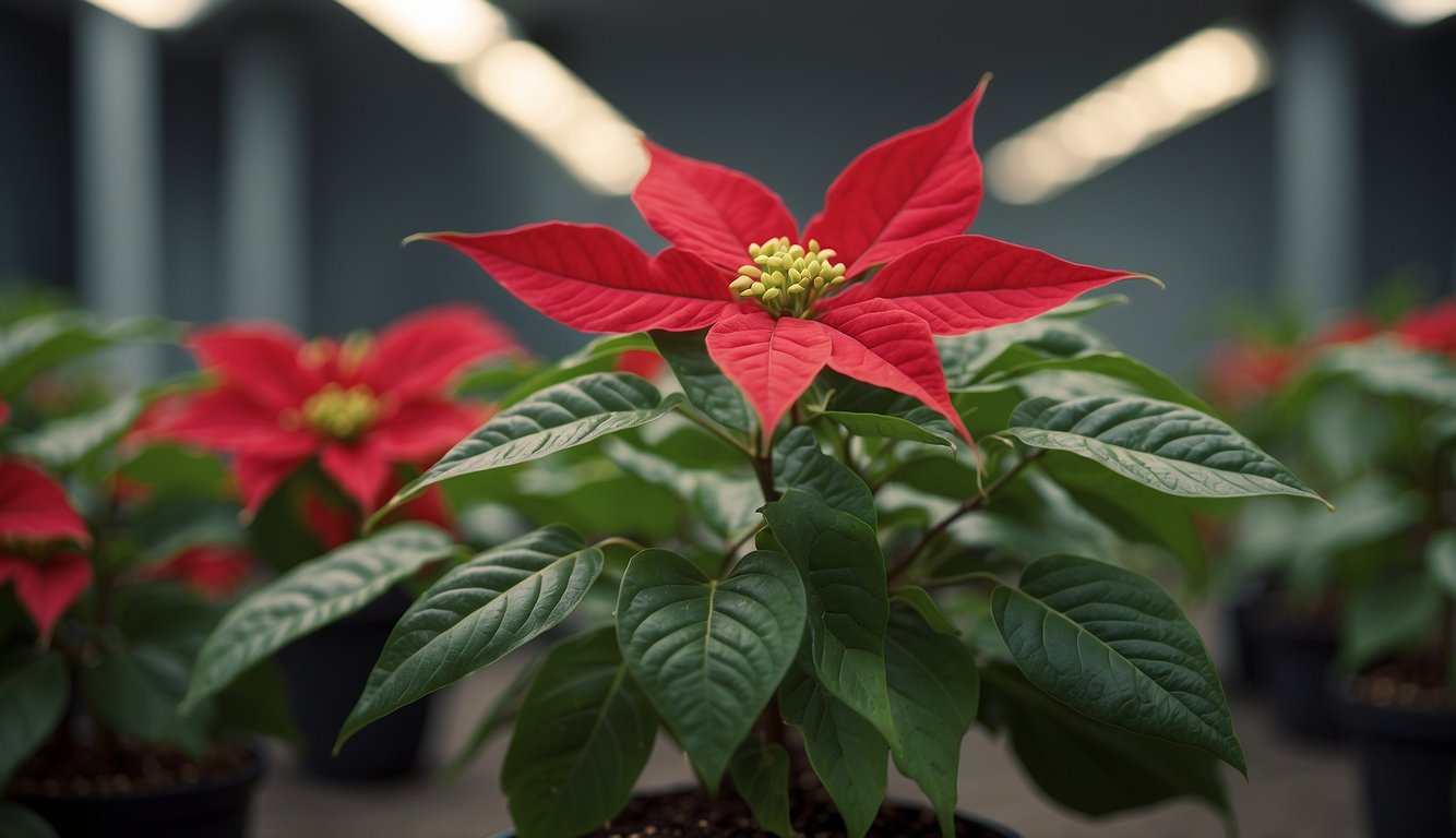 A poinsettia plant receiving fertilization, with new growth sprouting and wilting leaves being carefully trimmed