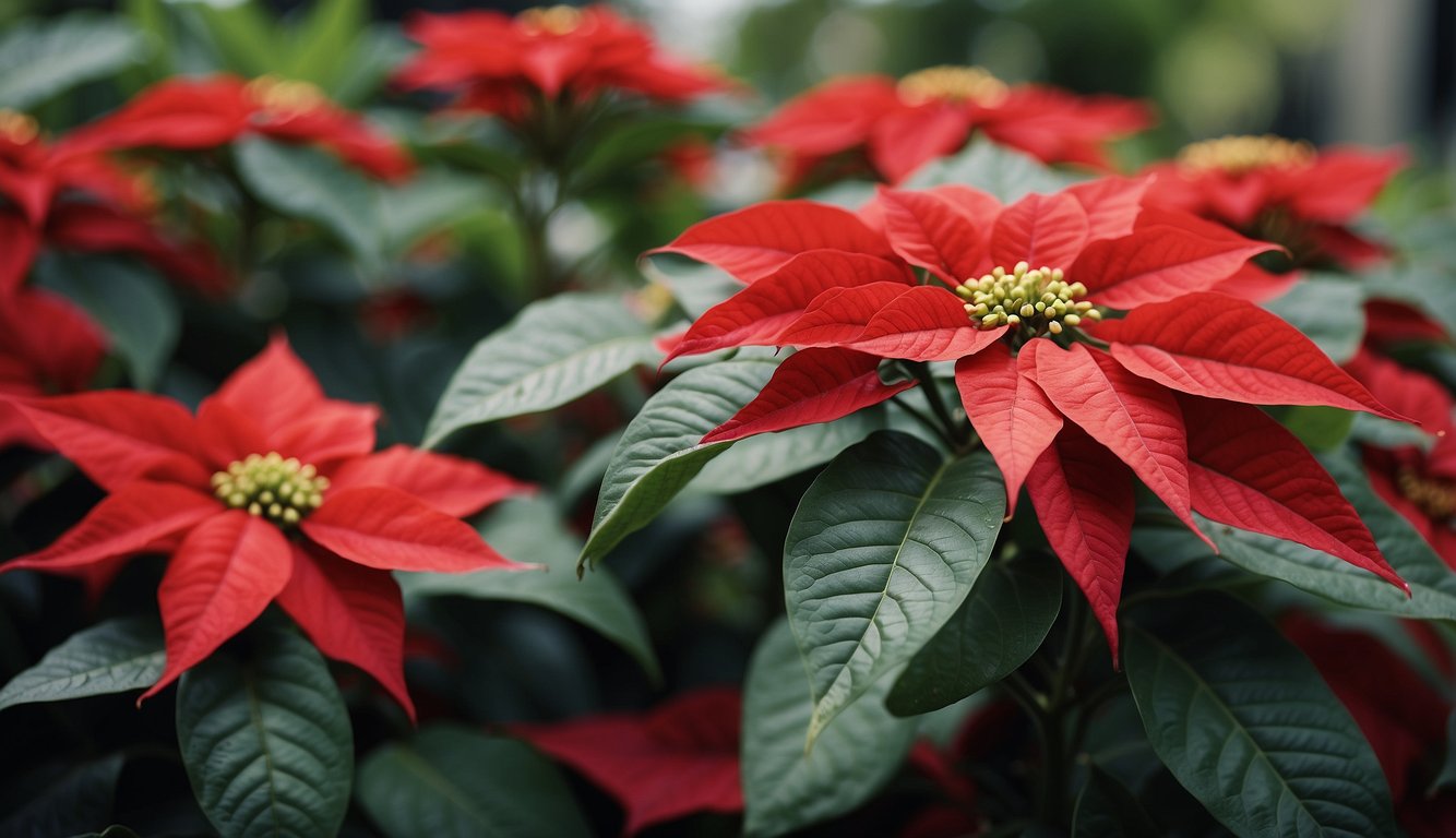 A poinsettia plant wilts while surrounded by pest and disease management products and care instructions