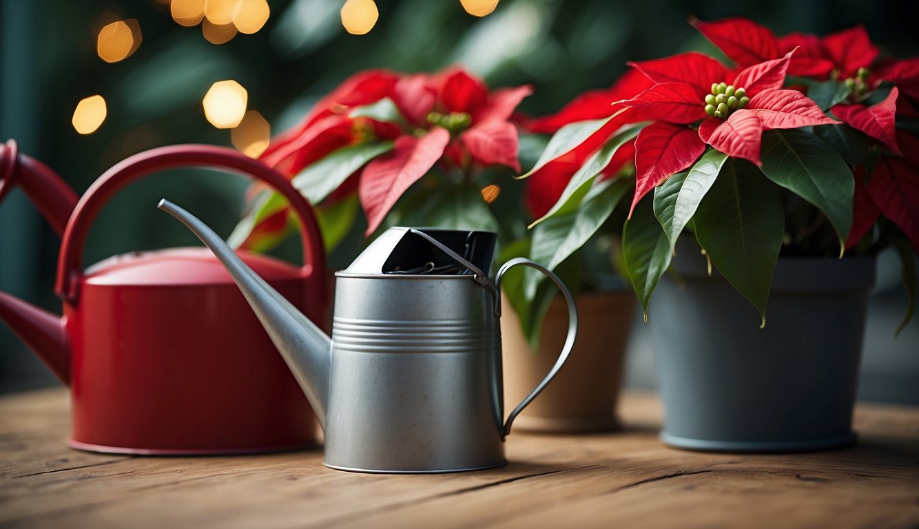 A pair of pruning shears trims wilted poinsettia leaves. A watering can sits nearby