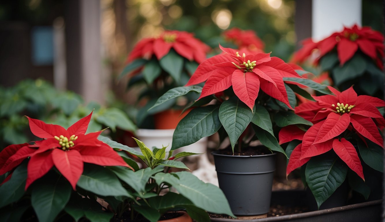A poinsettia droops in a pot, leaves curled and brown. Nearby, a watering can and fertilizer sit untouched