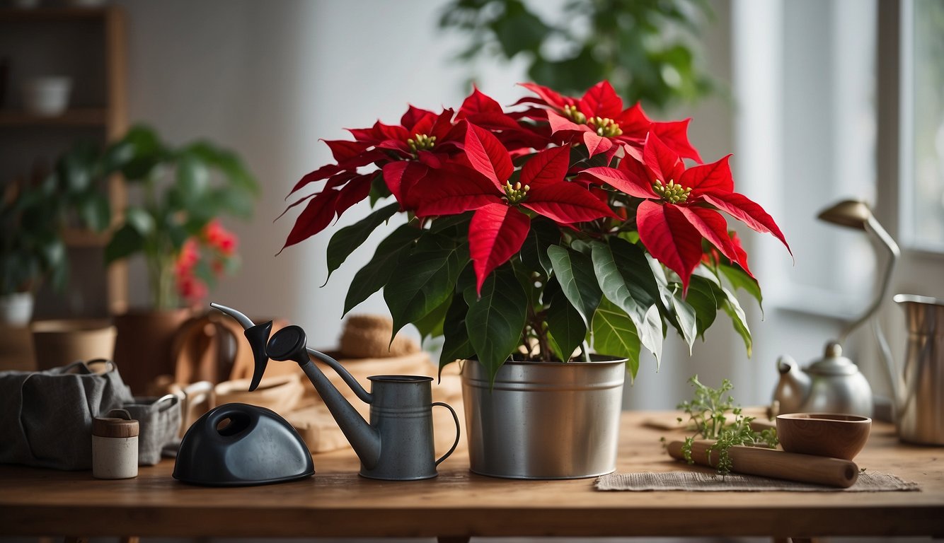 A poinsettia plant sits on a table, surrounded by gardening tools, a watering can, and a bag of fertilizer. The plant's leaves are wilting, but a person is carefully trimming and watering it according to instructions