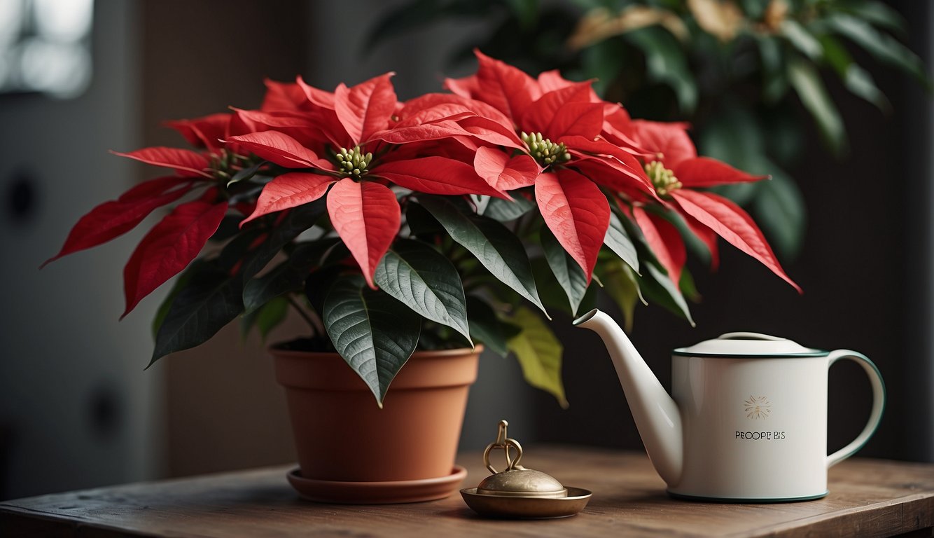 A poinsettia droops in a pot, surrounded by wilted leaves. A small watering can sits nearby, and a care instruction card is propped up next to the plant