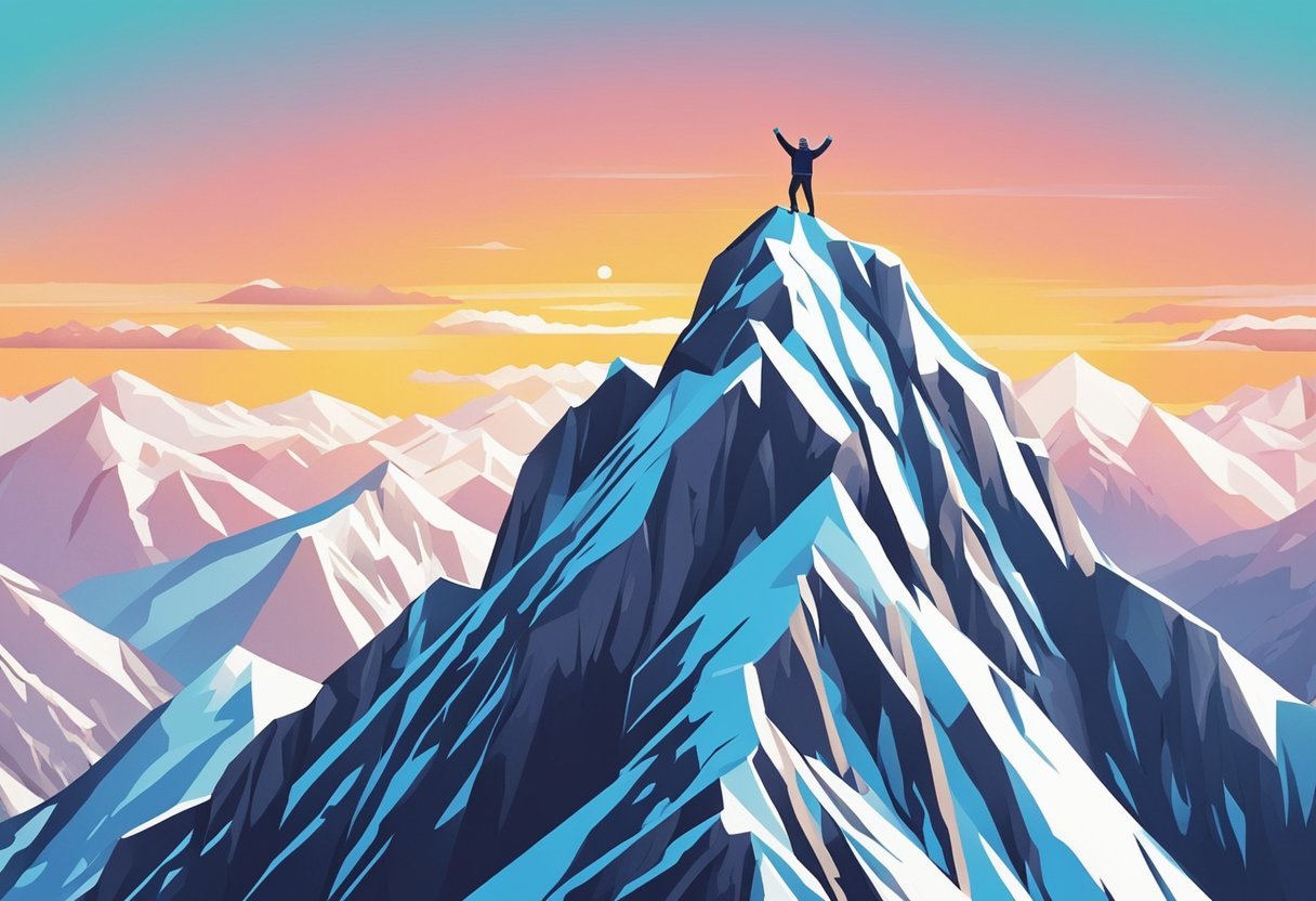 A mountain climber reaching the summit with arms raised in triumph