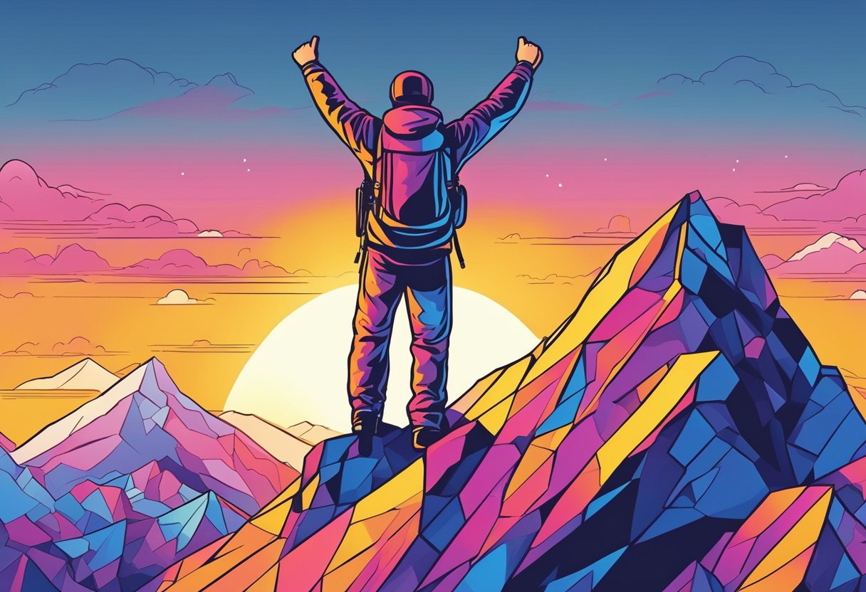A mountain climber reaching the summit, arms raised in triumph, with a backdrop of a beautiful sunrise or sunset