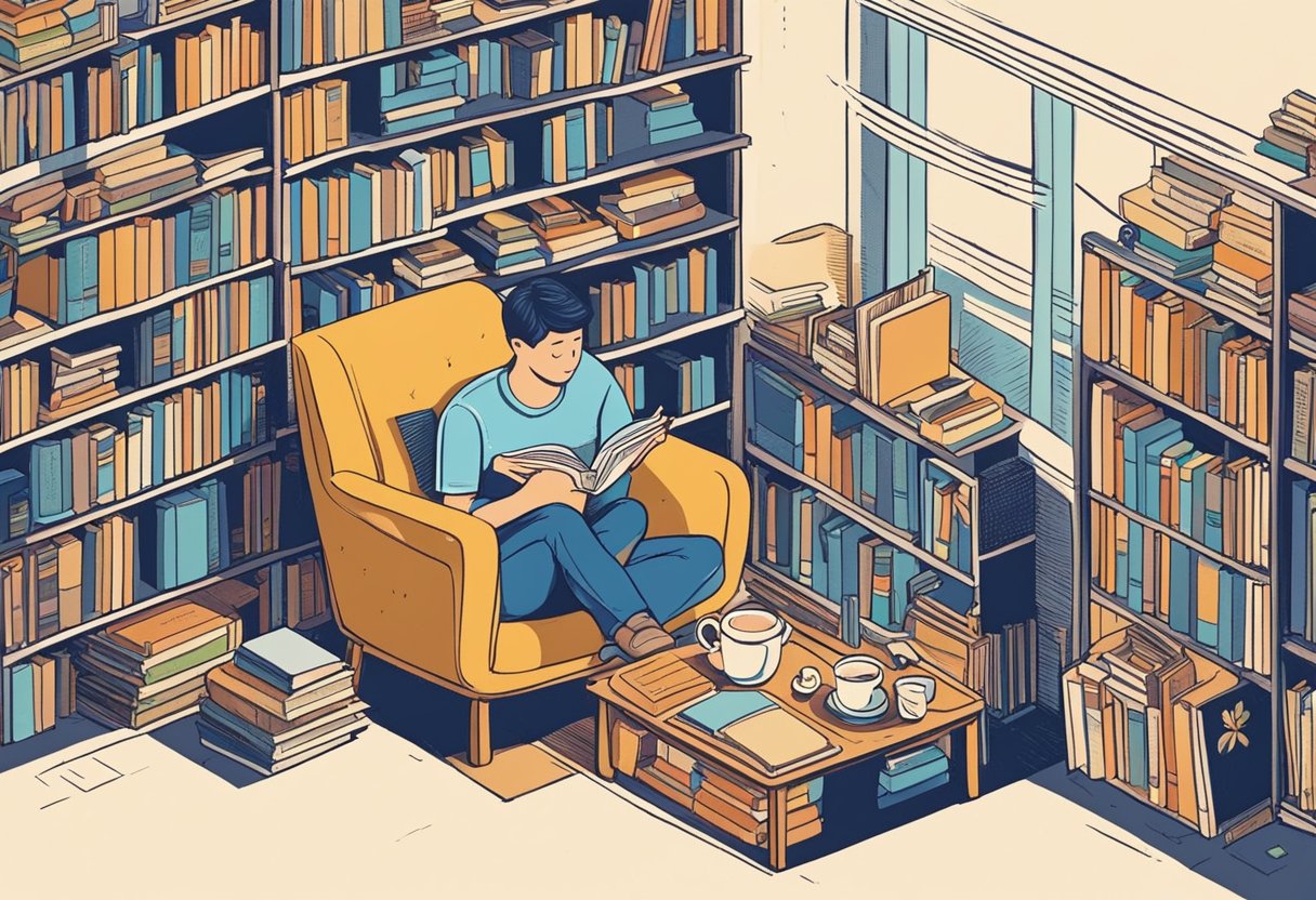 A person sits in a cozy chair, surrounded by books, reading quotes from a worn-out notebook, with a warm cup of tea beside them